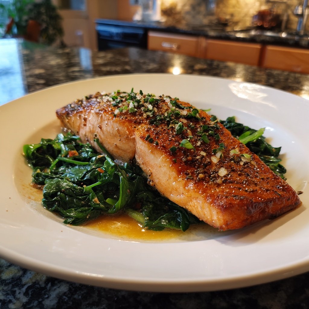 Pan-Seared Salmon With Garlic Spinach